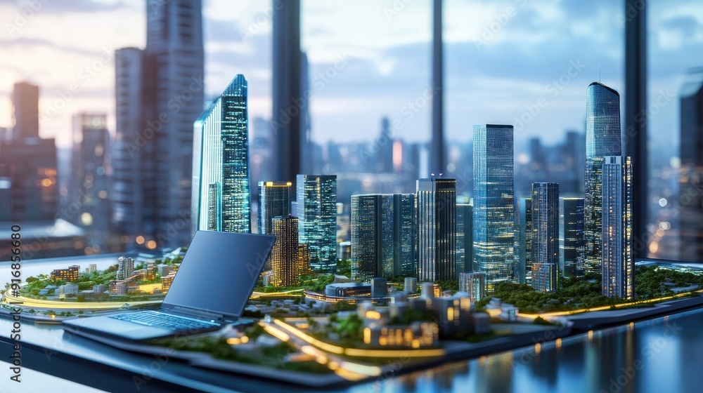 Aufkleber clean workspace with an open laptop and a futuristic city model