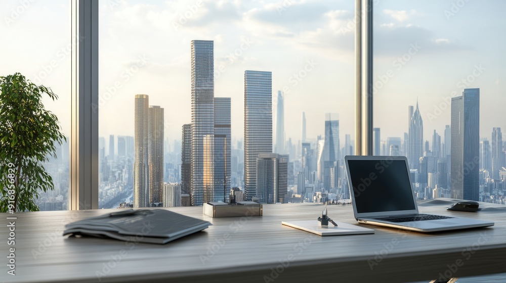 Poster clean workspace with an open laptop and a futuristic city model