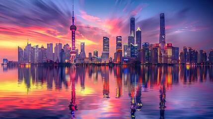 Obraz premium Vibrant City Skyline at Dusk with Illuminated Buildings and Reflections in the River. AI generated illustration