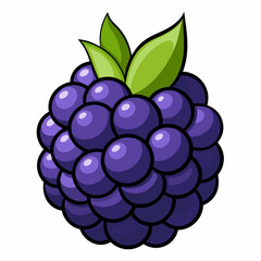 Cartoon illustration of a single ripe blackberry with green leaves