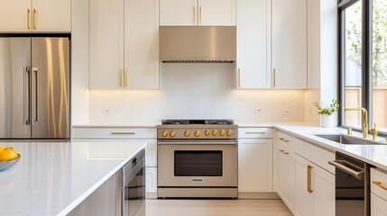 Modern kitchen design in Chicago, elegant gold fixtures, sleek stainless steel appliances, marbled countertops