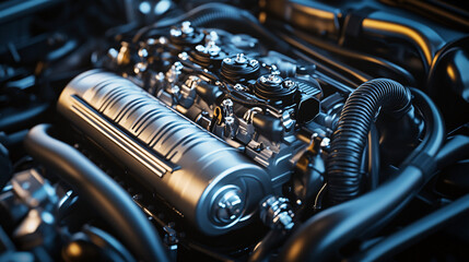 Detailed view of a modern car engine s intake manifold and throttle body, with generous copy space for additional information.