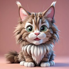 Fototapeta premium Cute cartoon kitten sitting on a pink background.