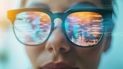Close-up of a person's face with stylish sunglasses reflecting a vibrant cityscape and digital imagery, capturing modern vision.