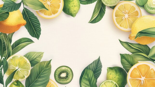 Fresh lemons, limes, and greenery frame on a white background. Ideal for summer, cooking, or natural themes.