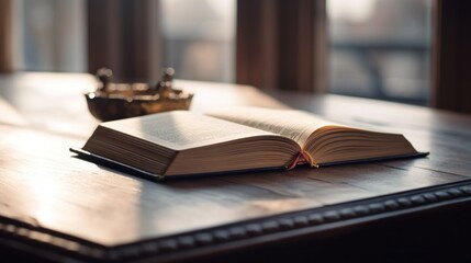 Naklejka premium Open Book on Wooden Table with Warm Sunlight
