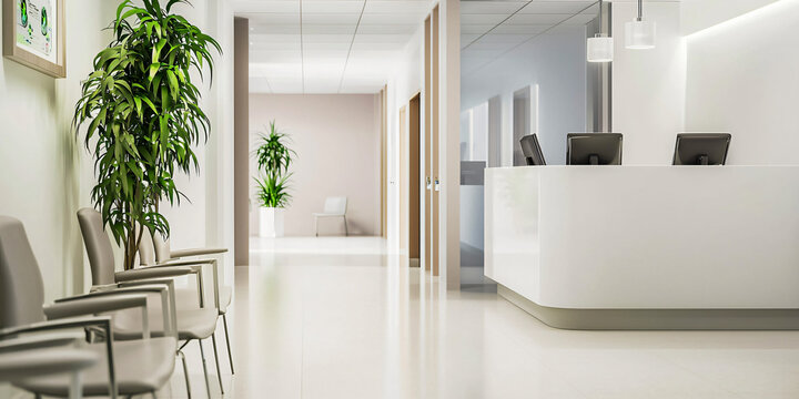 empty modern doctor&rsquo;s office waiting room, with neatly organized administration desk with minimalist decor, white, beige and wooden colors