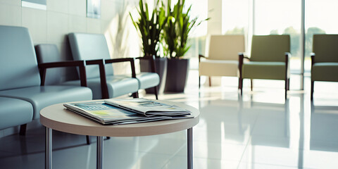 empty minimalist doctor’s office waiting room featuring sleek, modern furniture with clean lines