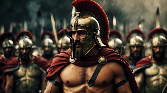 Spartan Warriors in Formation with Helmets and Shields