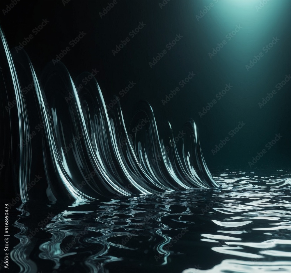 Poster dark, mysterious underwater scene features series curved, white waves with bright light source in th