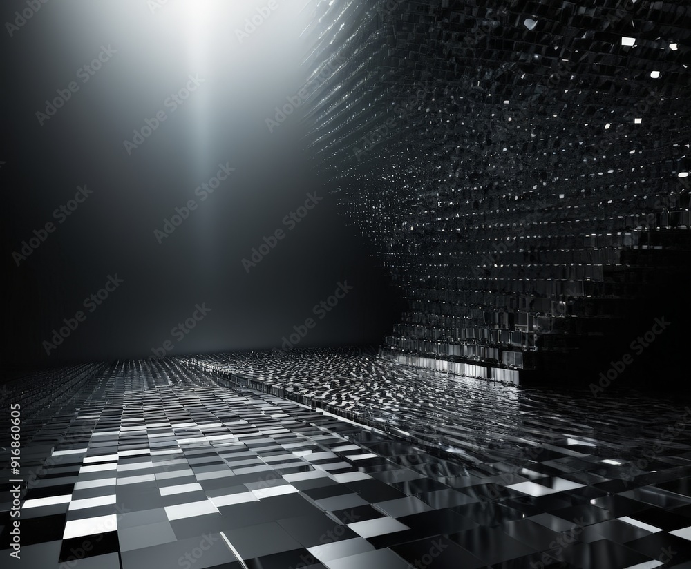 Poster dimly lit room with checkered floor and large, intricate structure in the background, illuminated by