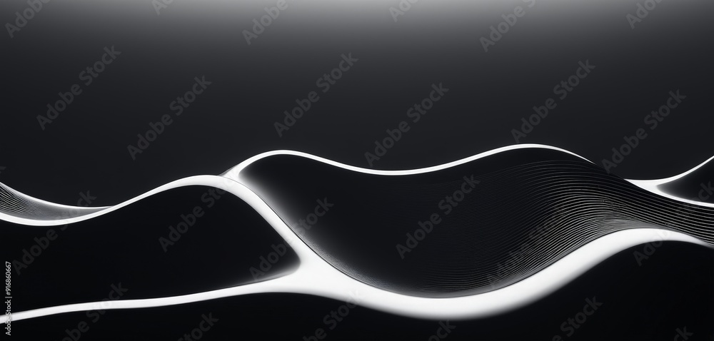 Poster black and white abstract wavy lines and shapes, with gradient light and shadow, creating sense depth
