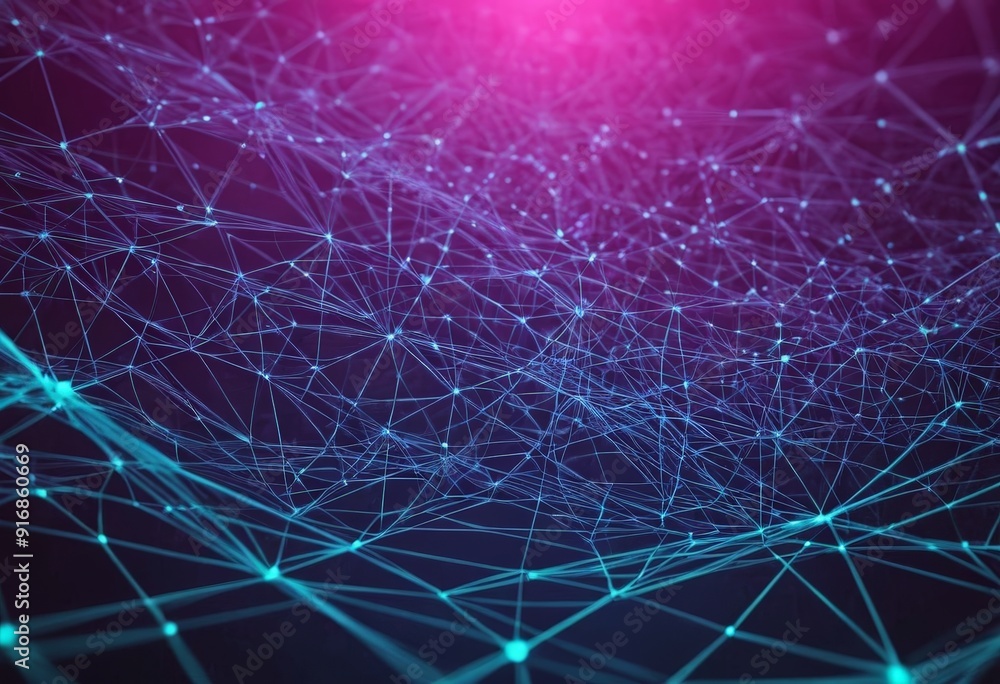 Poster digital network interconnected lines and dots in shades blue and purple, with gradient effect transi