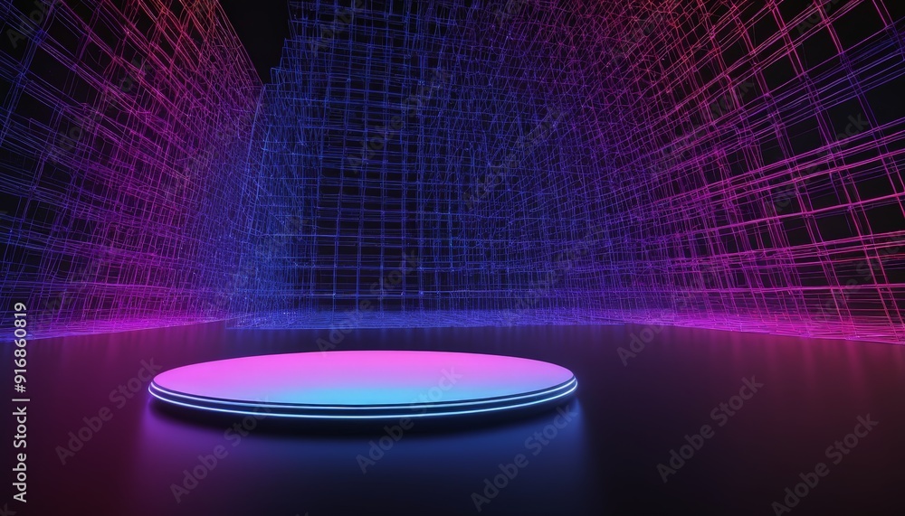 Aufkleber circular platform with glowing pink and blue light is centered in dark room with grid-like pattern p