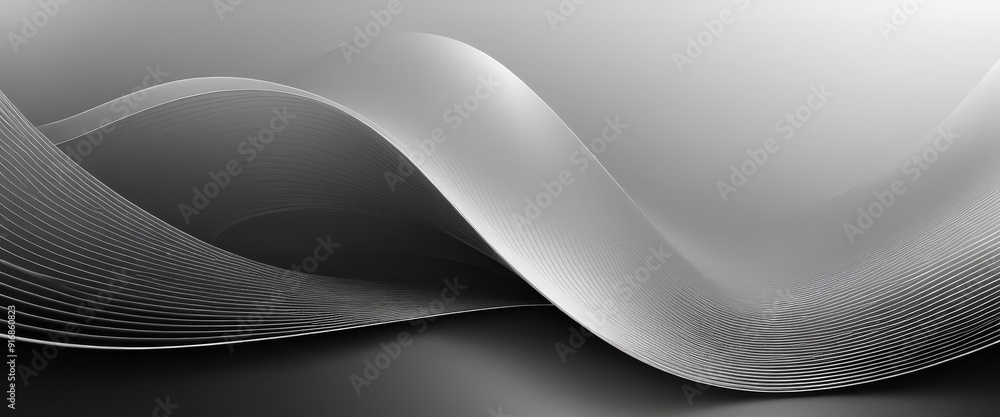 Poster black and white abstract features curved, wavy line that transitions from darker shade to lighter on