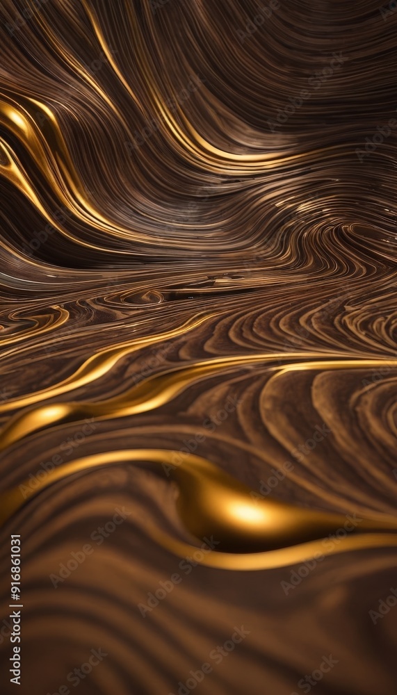 Poster close-up view textured surface with golden, swirling pattern, creating sense depth and movement.