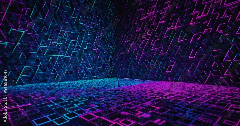 Poster digital room with geometric pattern blue and purple lines, creating sense depth and dimension.