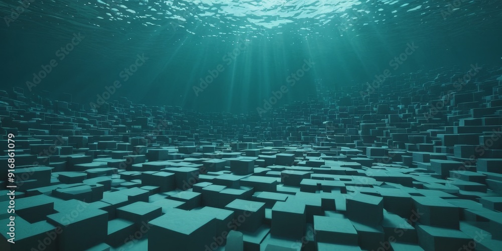 Poster 3d complex underwater cityscape, featuring numerous cubes and blocks arranged in grid-like pattern, 