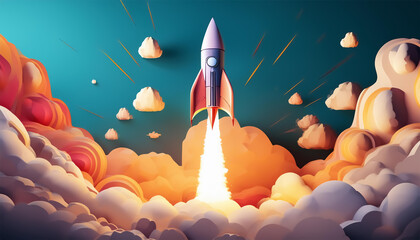 3D rocket blasts off into the sky through the clouds