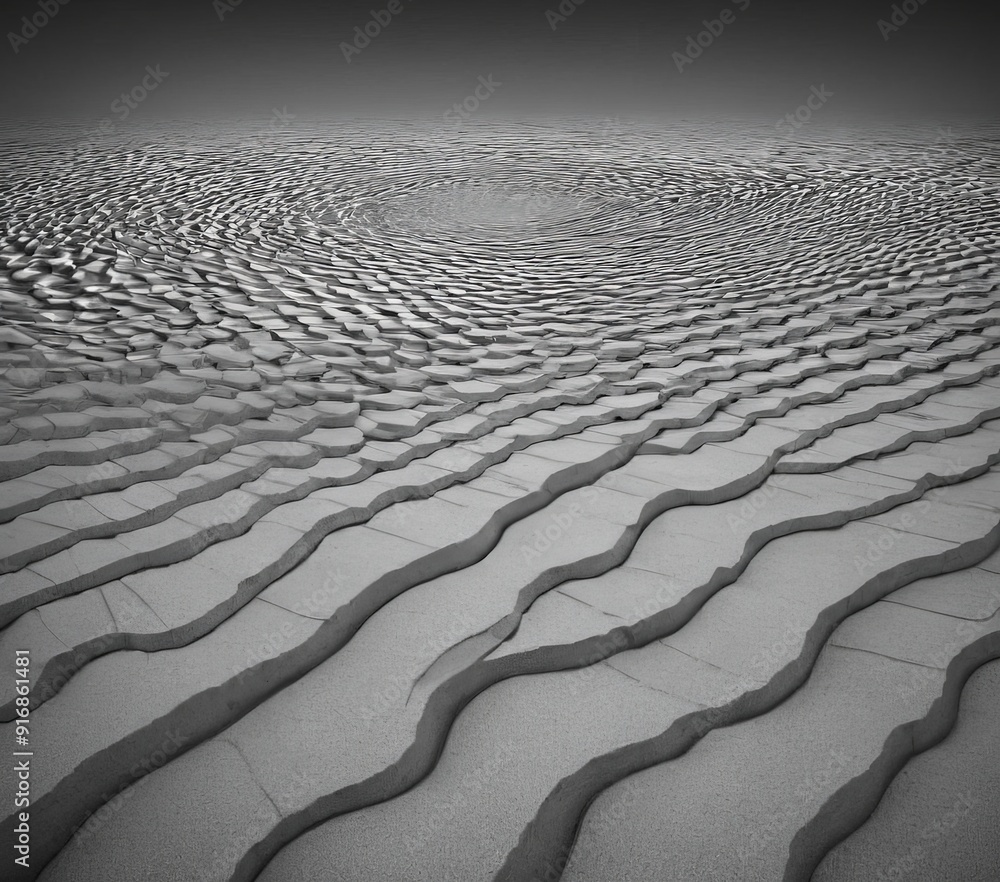 Poster black and white vast, undulating landscape with repeating pattern wavy lines, creating sense depth a