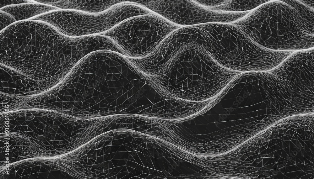 Poster close-up view textured surface, resembling wavy pattern, with black and white color scheme.