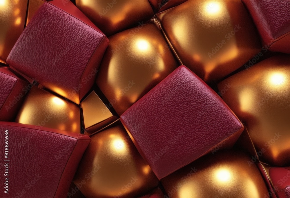 Poster close-up view collection golden spheres and maroon-colored cubes, arranged in visually appealing pat