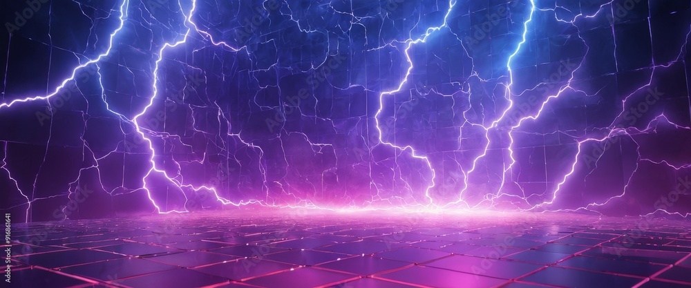Poster digital lightning-filled sky with grid-like pattern purple and pink hues, creating futuristic and en