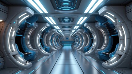 Futuristic Spaceship Interior Corridor with Blue and White Lighting