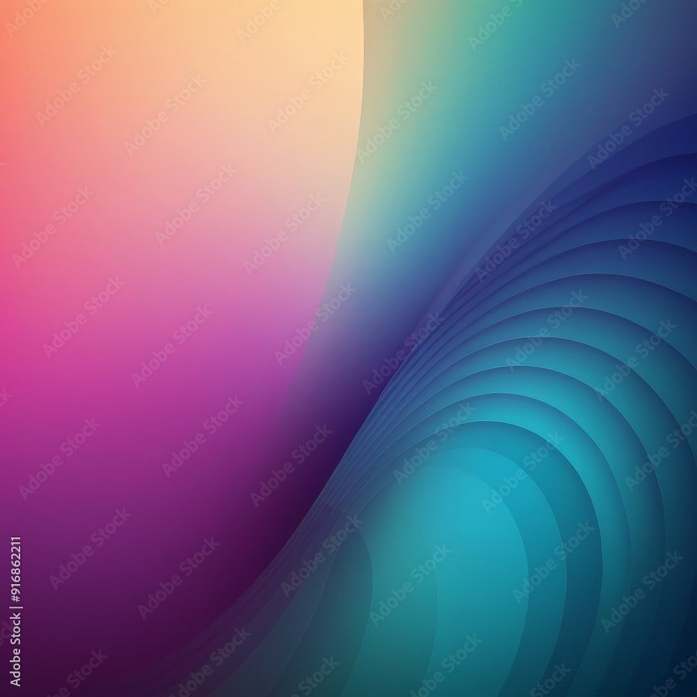 Poster gradient background transitions from pink to blue, with curved wave-like pattern in the center.