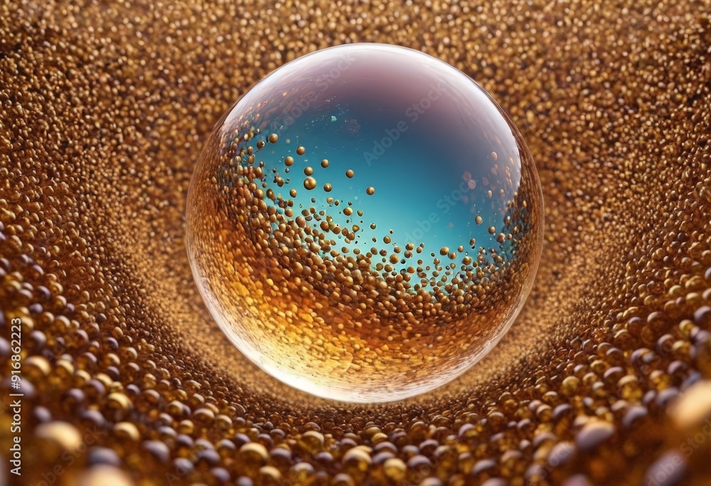 Poster close-up view spherical object with blue and orange gradient, surrounded by multitude small, spheric
