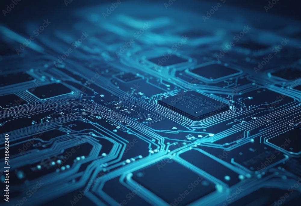 Poster close-up view complex circuit board, featuring intricate blue and silver lines and patterns, with fo