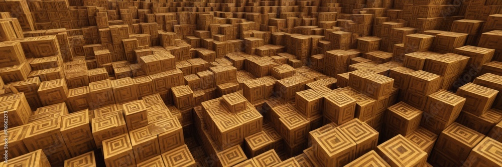 Poster 3d densely packed cityscape, composed numerous identical brown cubes, creates sense depth and comple