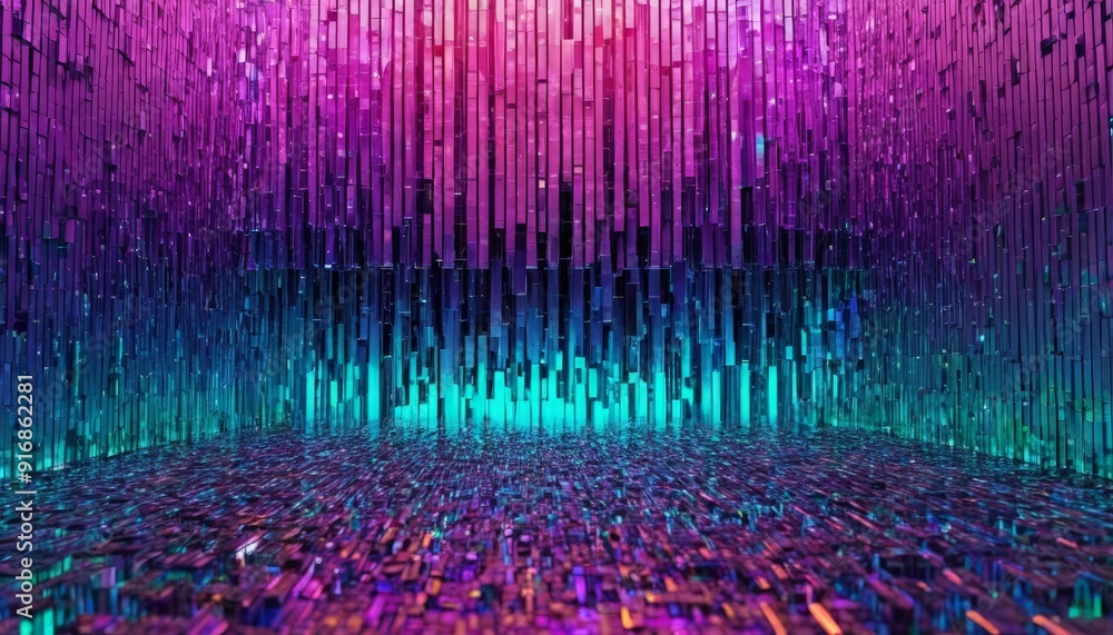 Poster digital room with gradient background transitioning from purple to blue and green, with pattern vert