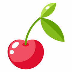 Single Red Cherry with Green Stem and Leaves