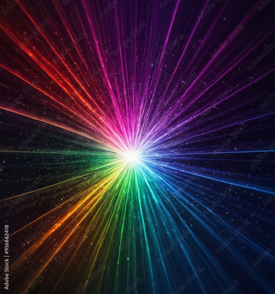 Poster vibrant, abstract background features radiant burst light emanating from central point, creating dyn