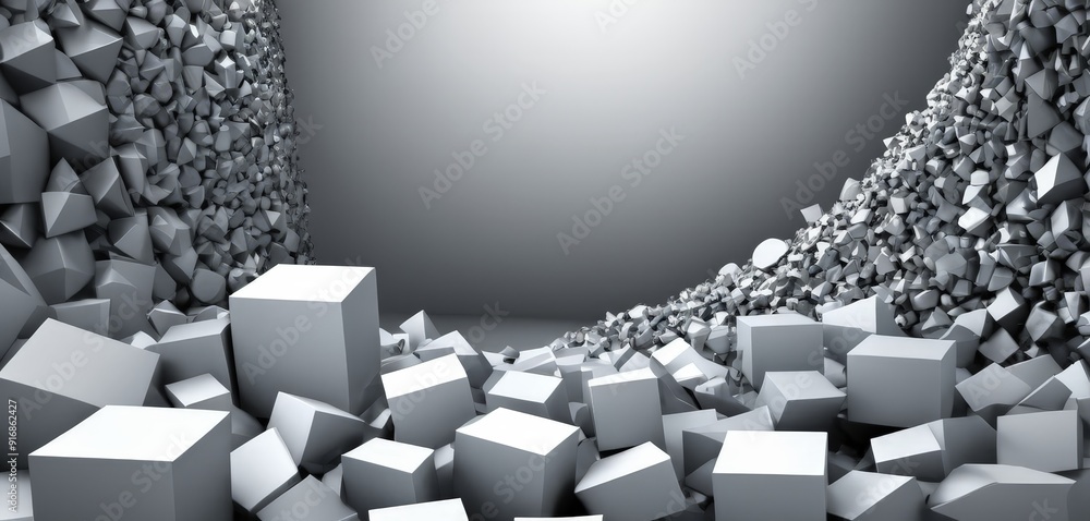 Poster 3d room filled with numerous white cubes, creating sense depth and space.