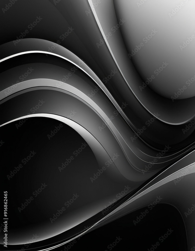 Poster black and white abstract featuring curved lines and shapes, creating sense movement and dynamism.