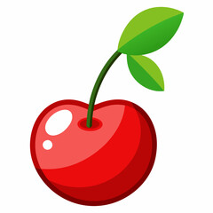 Single Red Cherry with Green Stem and Two Leaves