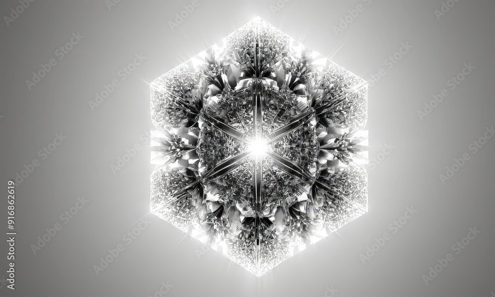 Poster symmetrical hexagonal pattern with central bright light, surrounded by intricate black and white des