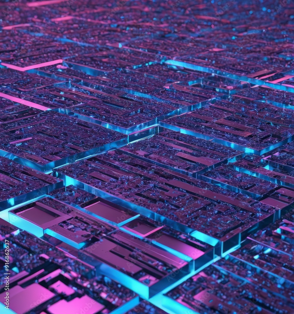 Poster 3d futuristic cityscape features grid-like pattern buildings and structures, illuminated by gradient