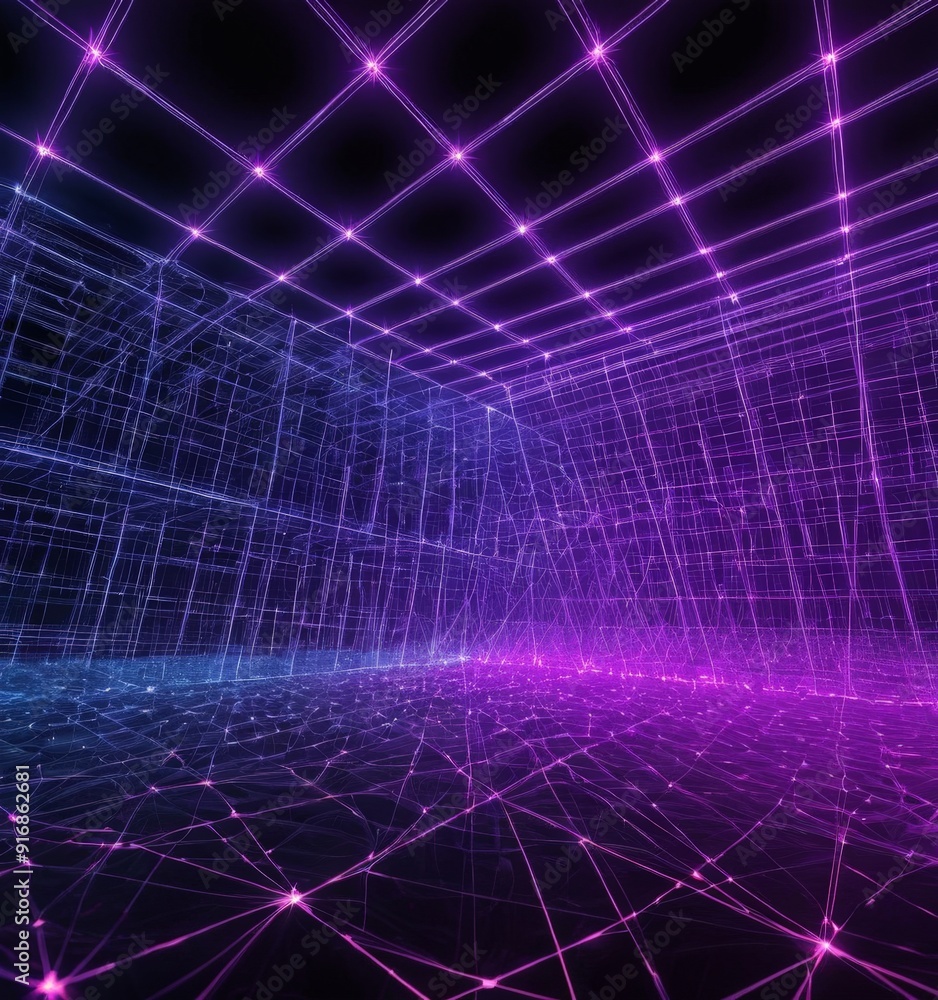 Poster futuristic, abstract room with grid-like pattern purple and blue lines, creating sense depth and dim