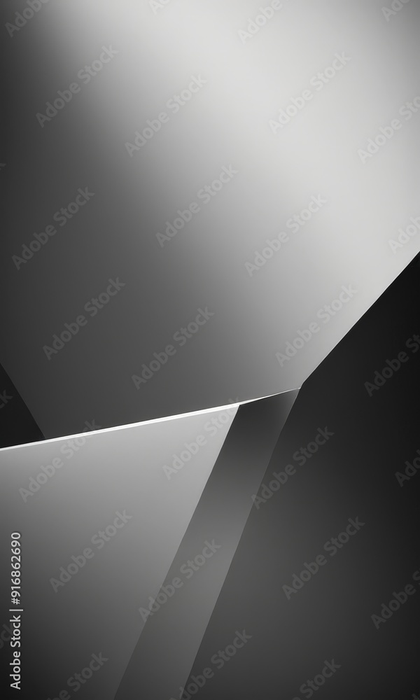 Poster monochromatic abstract composition features gradient gray and white, with diagonal line cutting acro
