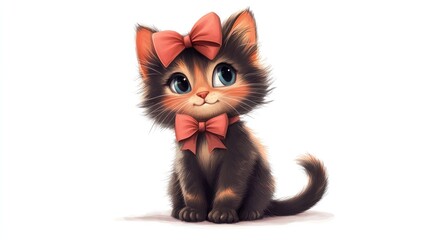 Obraz premium Adorable anime kitten with a little bow, sitting happily, bright colors, isolated on white