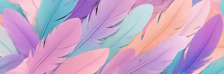 close-up view collection colorful feathers in shades pink, purple, blue, and orange, arranged in seemingly