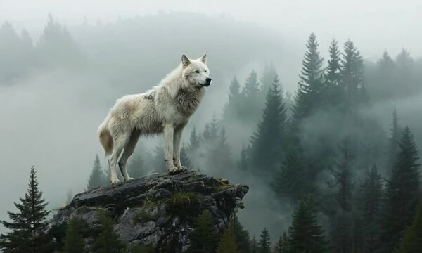 White Wolf Standing on a Rock in a Foggy Forest