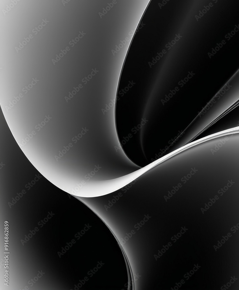 Poster black and white abstract featuring curved lines and shapes, creating sense movement and dynamism.