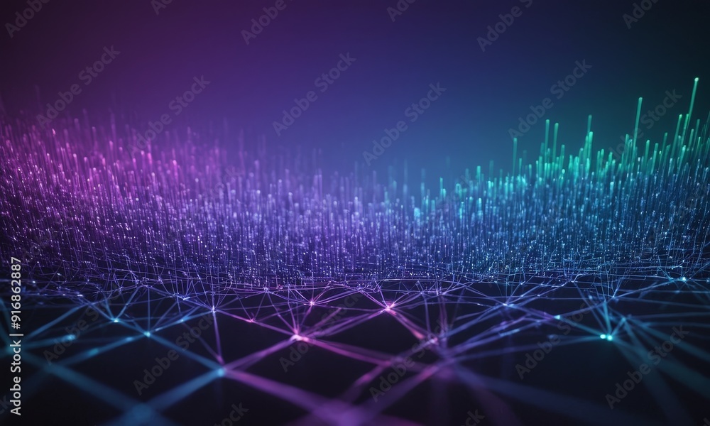 Poster digital cityscape with gradient purple and blue lights, creating sense depth and movement.