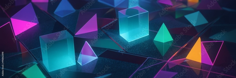 Poster digital 3d geometric pattern, featuring variety triangular and rectangular shapes in shades blue, pu
