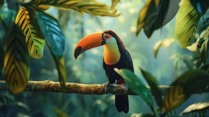 Naklejka premium Toucan Perched on Branch in Lush Rainforest