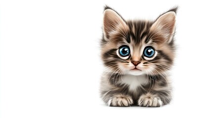 Adorable anime kitten with big, sparkling eyes, sitting with a curious look, on a white background